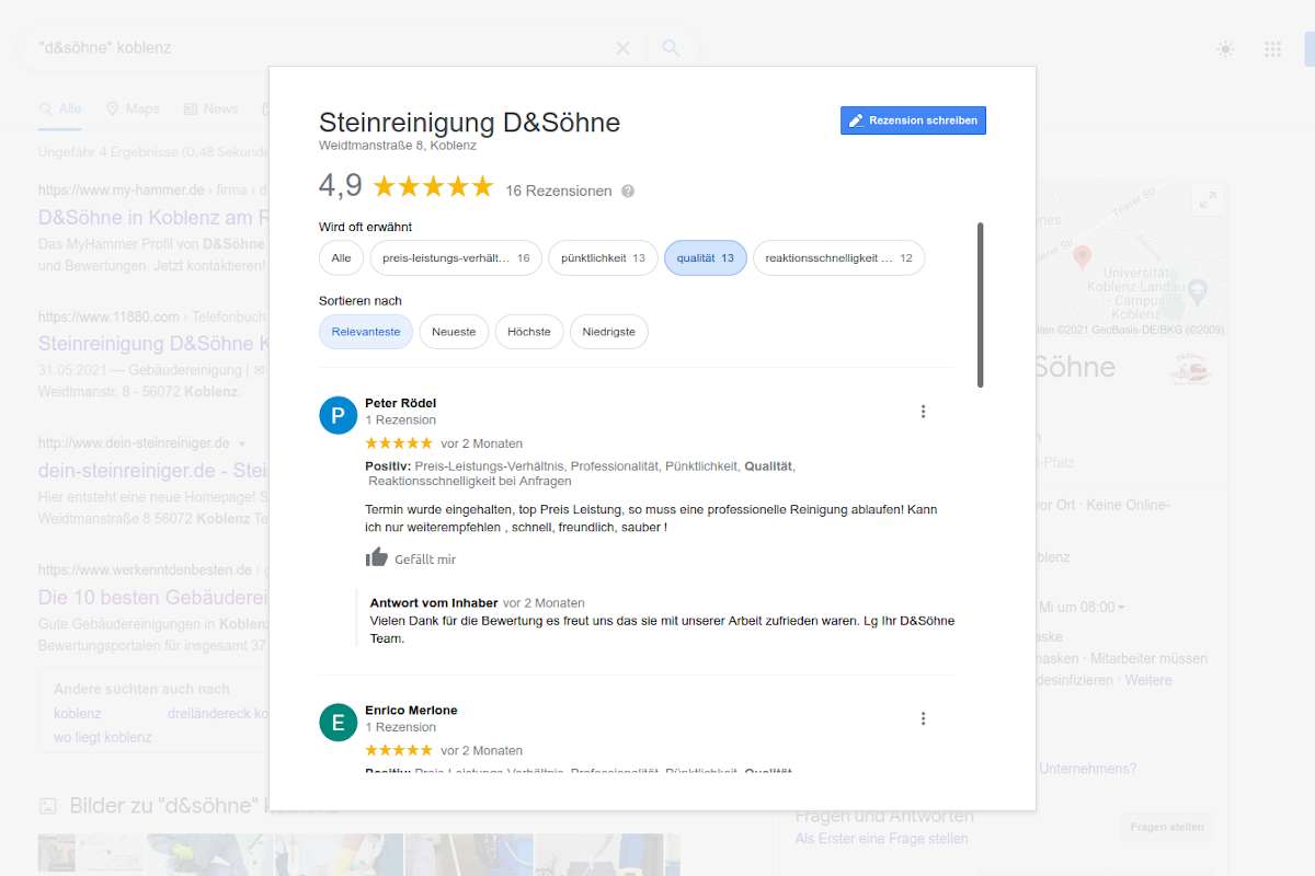 Screenshot der Kundenbewertungen bei Google über unsere Firma, Steinreinigung D&Söhne