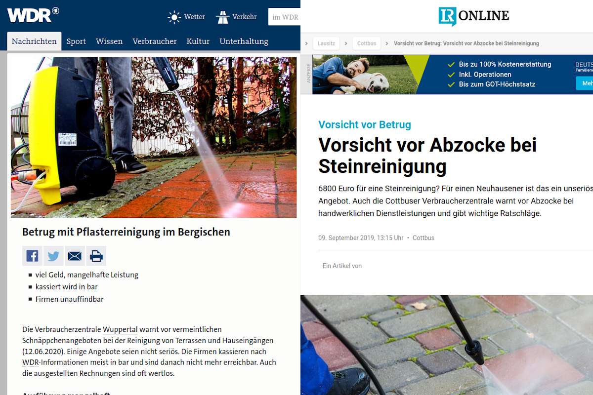 Screenshots der Internetseiten von WDR und der Lausitzer Rundschau zum Thema unseriöse Anbieter von Steinreinigung
